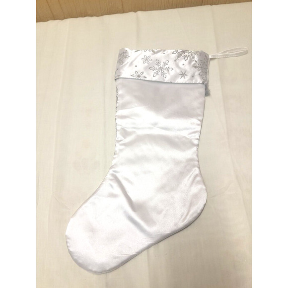White Silky Snowflake Christmas Stocking Glittery 18 in with Fringe - Picture 3 of 4